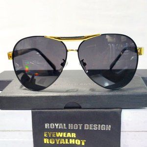 Mens Aviator Polarized Sunglasses 100%UV Black/Gold Alloy Frame Black Lens 61mm